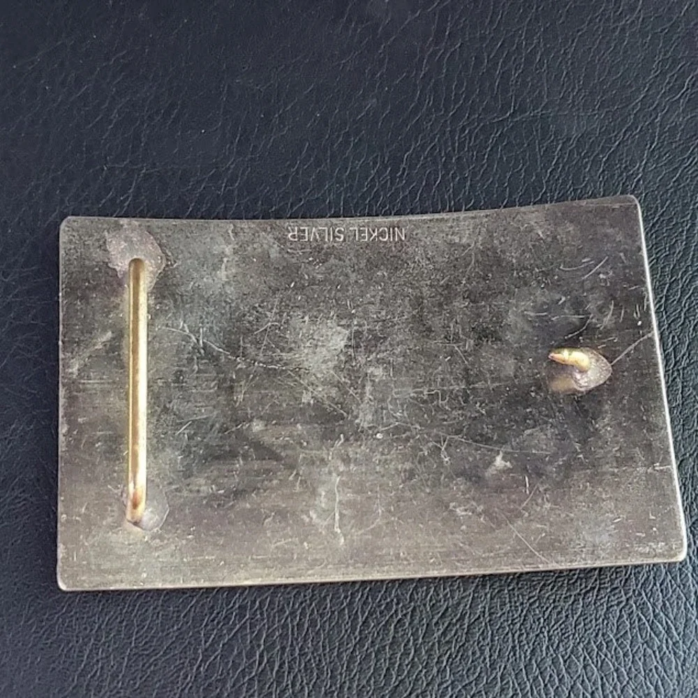 Vintage Nickel Silver Western Belt Buckle Gold Tone Saddle and Stars Engraved